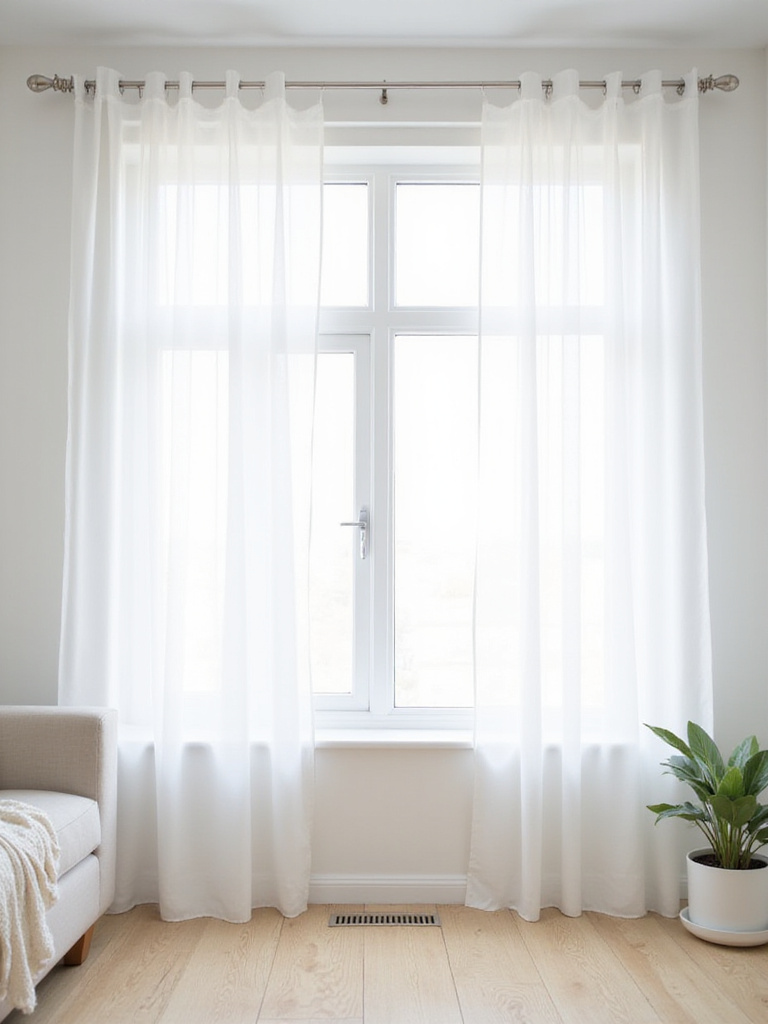 Minimalist living room with sheer white curtains allowing natural light