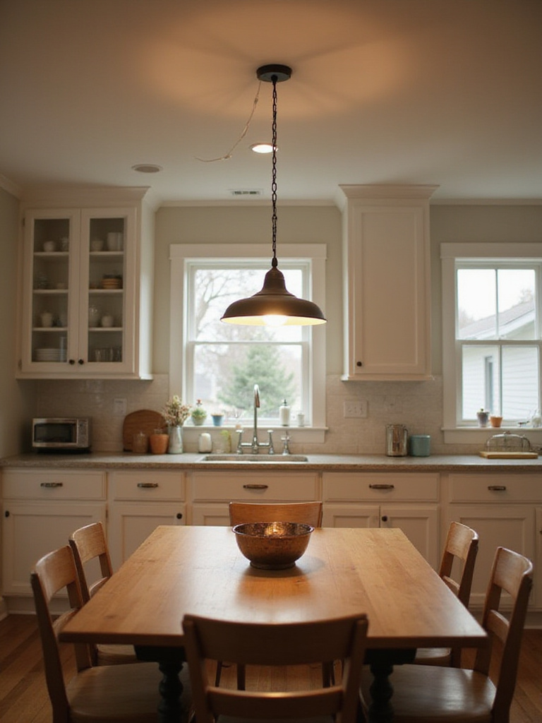 Stylish semi-flush mount light fixture hanging above a kitchen dining table, casting a warm glow in a modern kitchen.