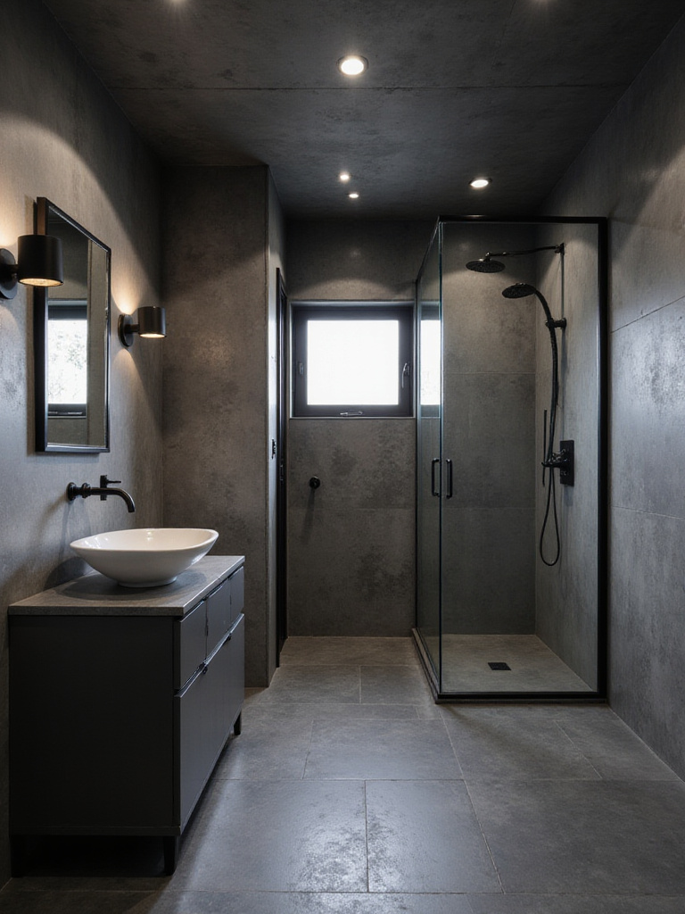 Industrial bathroom with dark grey walls, gunmetal fixtures, and slate tile flooring.