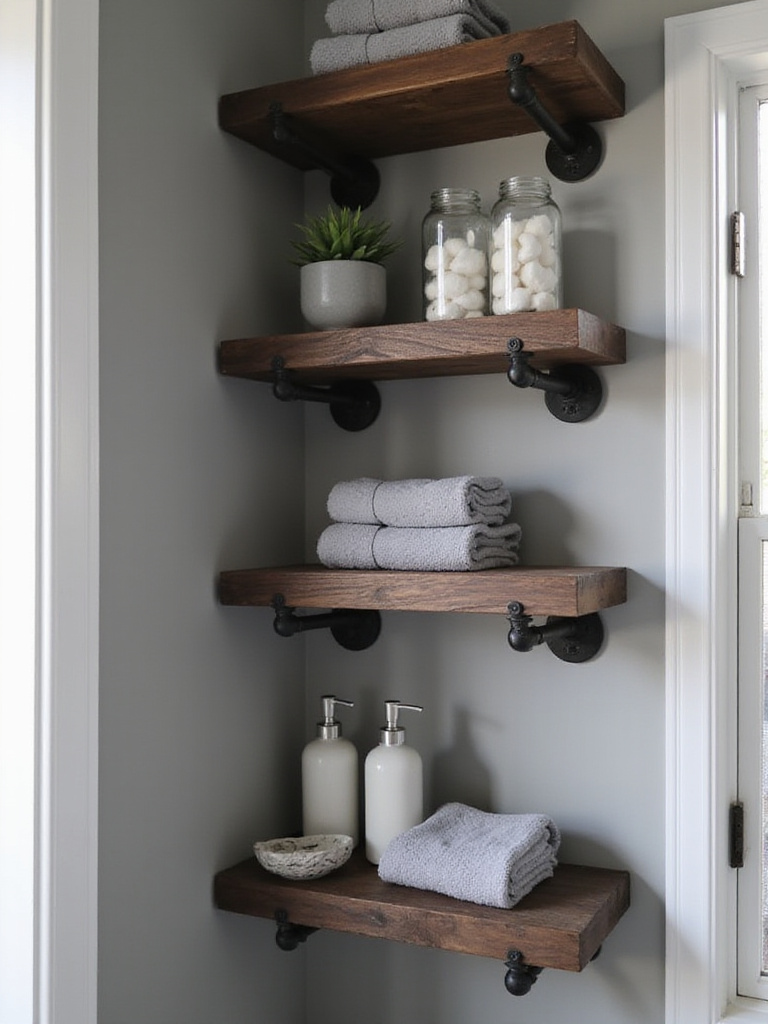 Industrial bathroom with open shelving displaying towels, jars, plants, and soap.