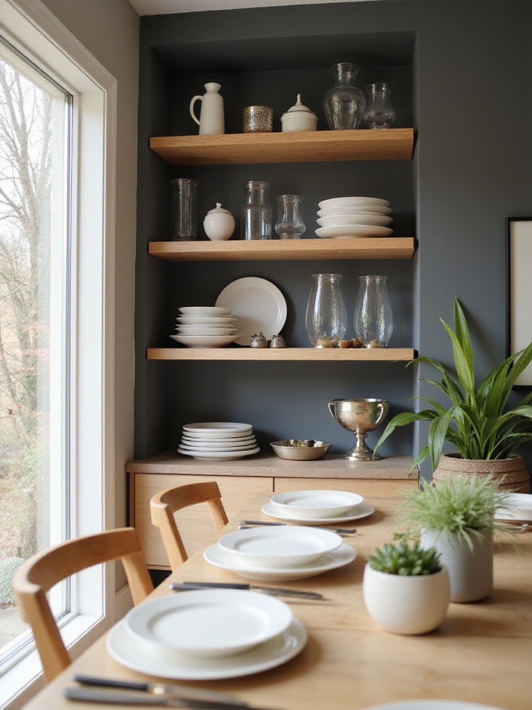 Dining room with open shelving showcasing dishes and decor accents.