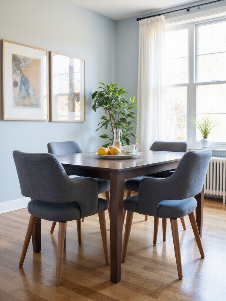 Dining room featuring a dark wood table surrounded by comfortable and stylish upholstered chairs.