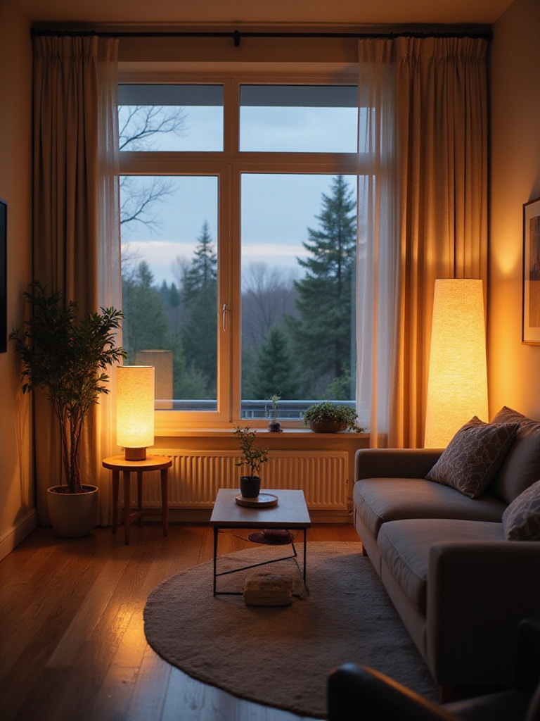 Modern living room with smart lighting system showcasing adjustable ambiance and energy efficiency