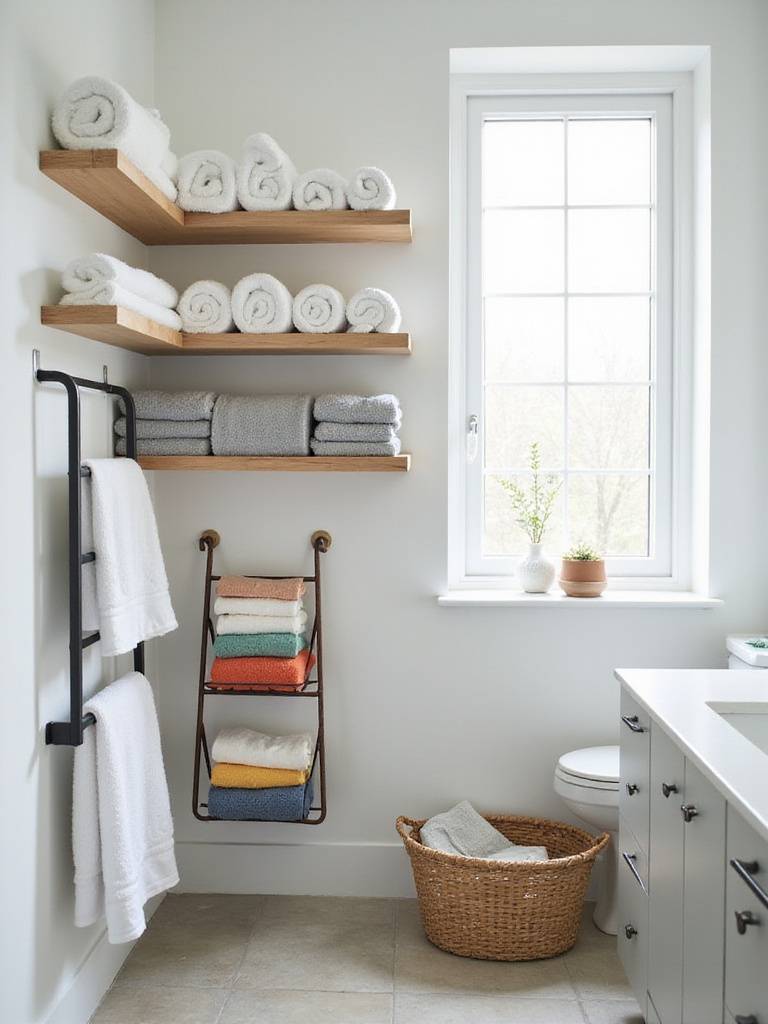 A modern bathroom showcasing various smart towel storage solutions including rolled towels on floating shelves, folded towels on a wall rack and ladder shelf, and washcloths in a basket.