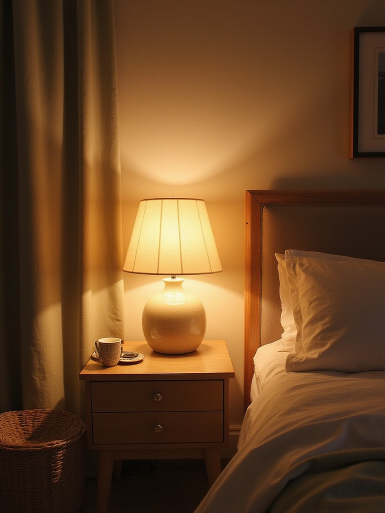 Bedroom with soft lighting from linen lampshade creating a relaxing atmosphere