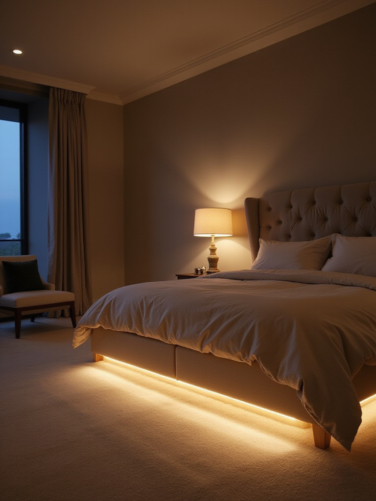 Modern bedroom with dimmable ambient lighting, including LED strip lights under the bed and a bedside table lamp, creating a relaxing atmosphere.