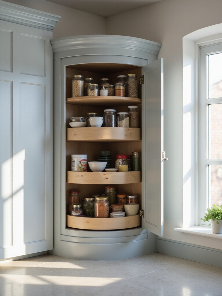 Corner kitchen cabinet with a two-tiered Lazy Susan filled with kitchen items.