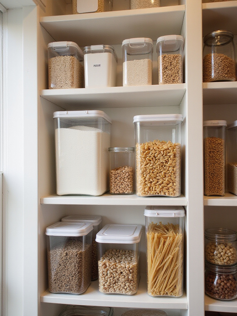 Organized pantry with clear, stackable storage containers filled with pantry staples.