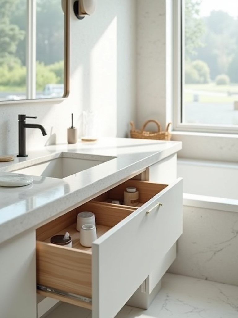 A clean, minimalist bathroom counter and open drawer showcasing organized, essential toiletries after decluttering, emphasizing spaciousness and calm.