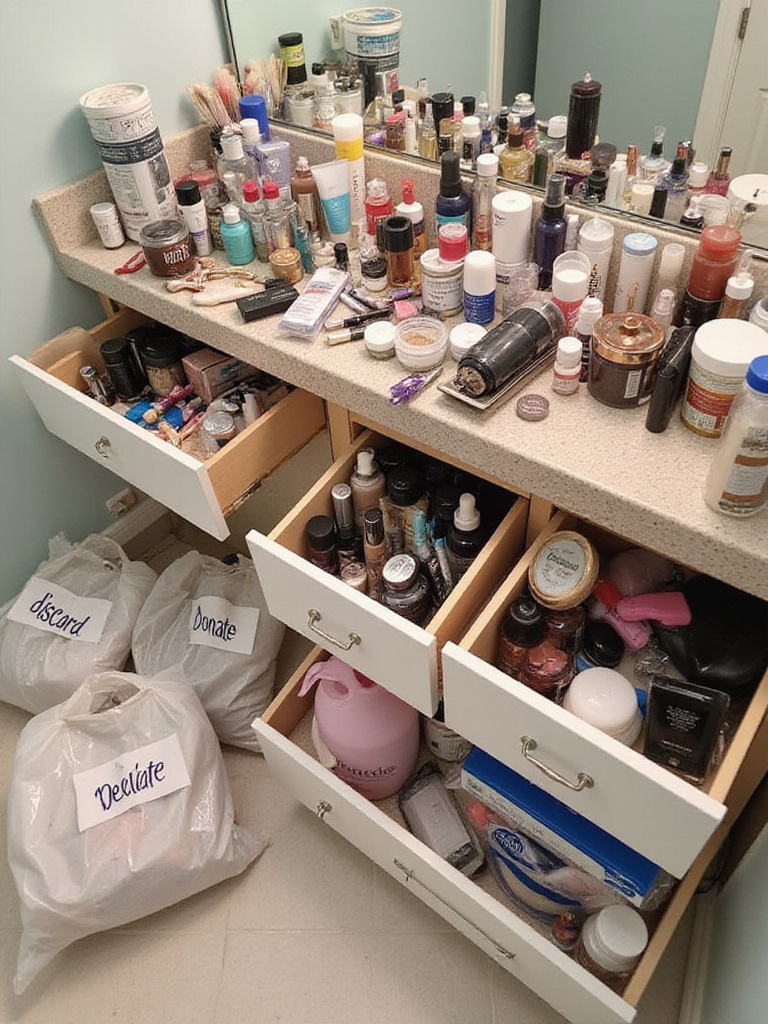 A cluttered bathroom vanity and open drawers filled with toiletries, alongside sorting bins on the floor, illustrating the first step of a ruthless decluttering session.