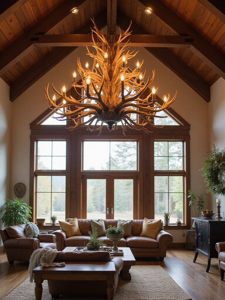 Rustic living room featuring a statement antler chandelier as a central focal point.