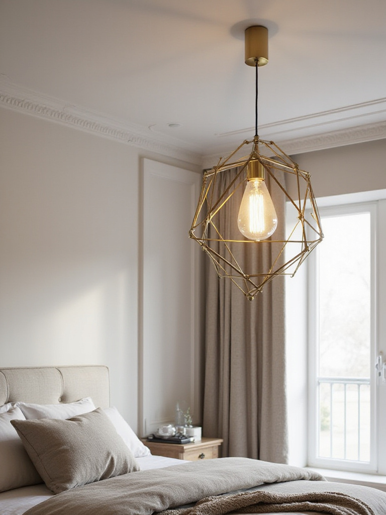 Modern bedroom interior featuring a statement geometric pendant light hanging above the bed.
