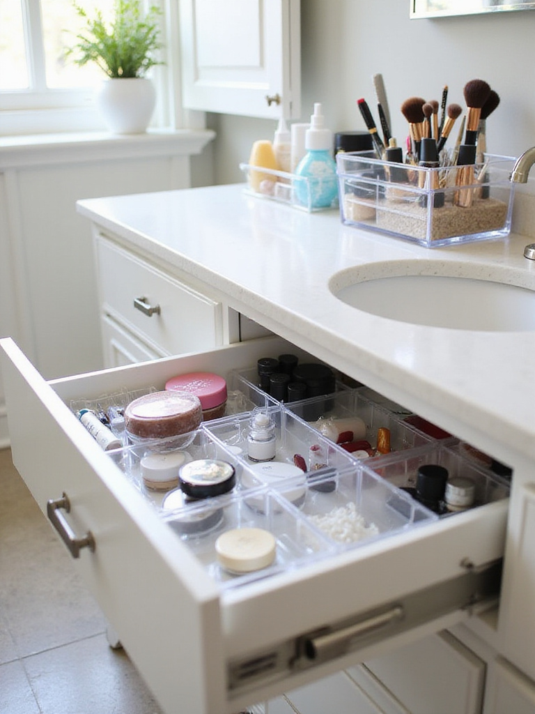 Organized makeup and toiletries in a bathroom featuring clear acrylic containers and drawer dividers.