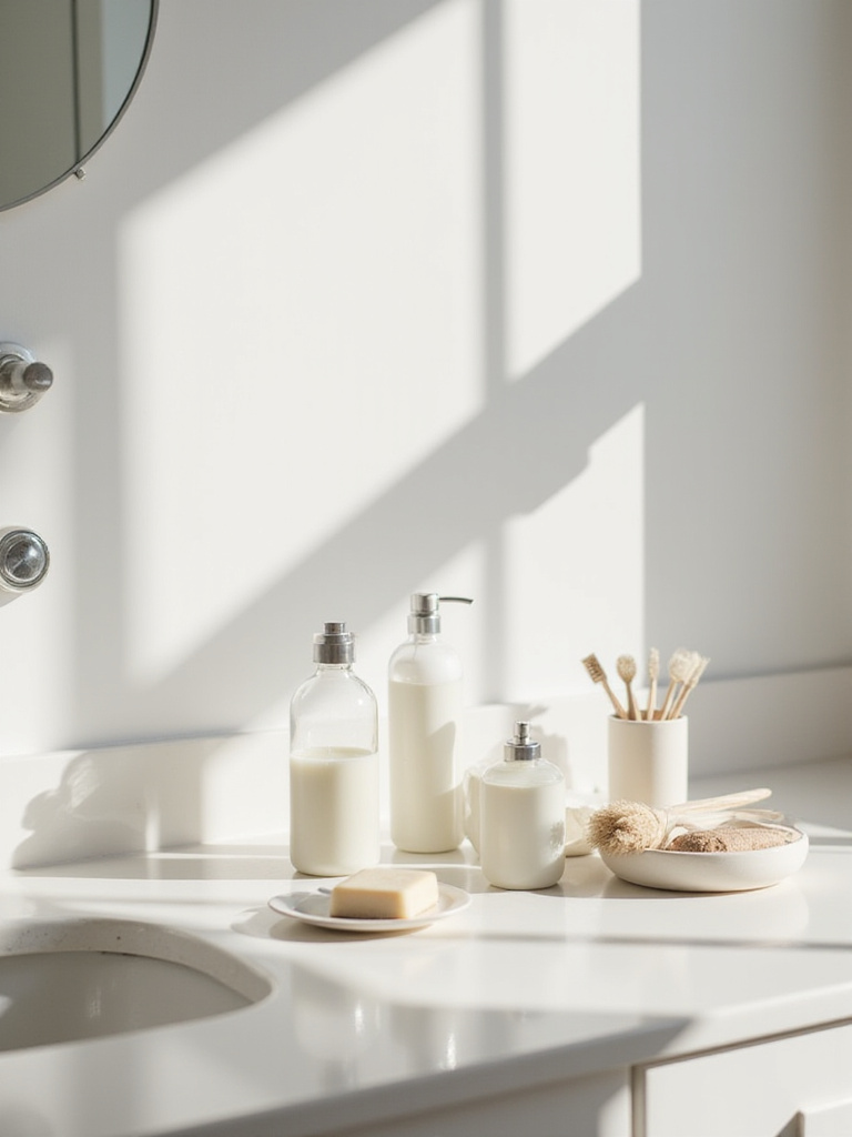A minimalist bathroom counter featuring a small, neatly arranged collection of essential personal care products in simple, aesthetic containers.
