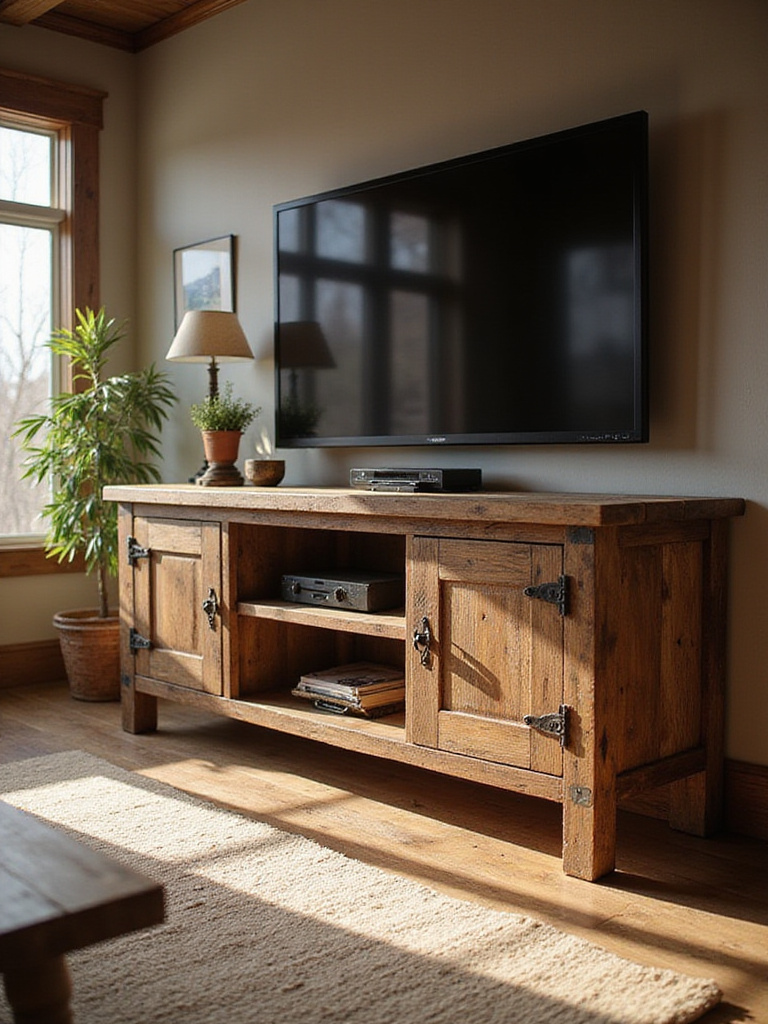 Rustic living room with reclaimed wood media console featuring ample storage.