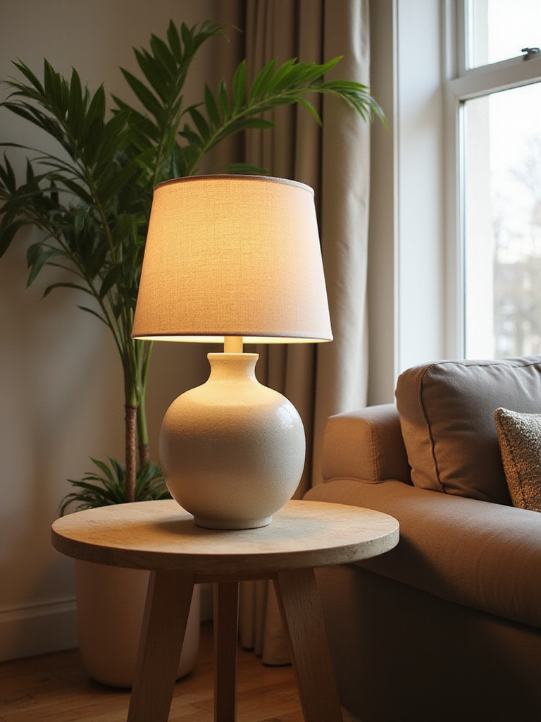 Stylish living room with ceramic table lamp providing warm ambient light on side table.