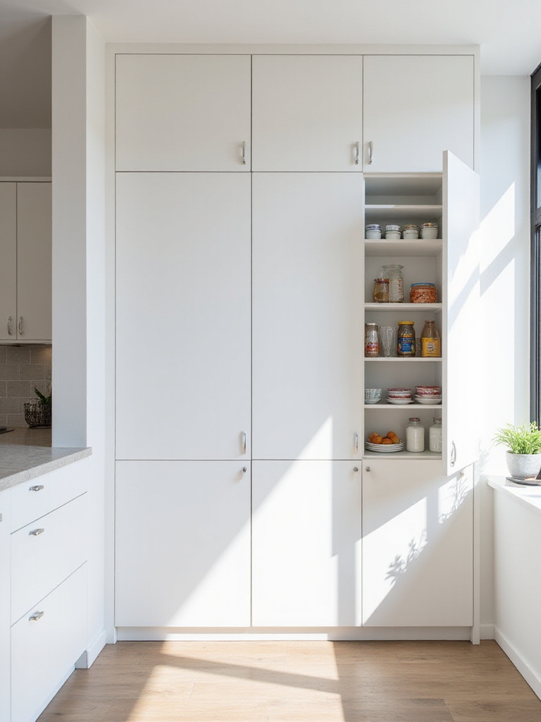 Tall white pantry cabinet in modern kitchen, maximizing storage space.