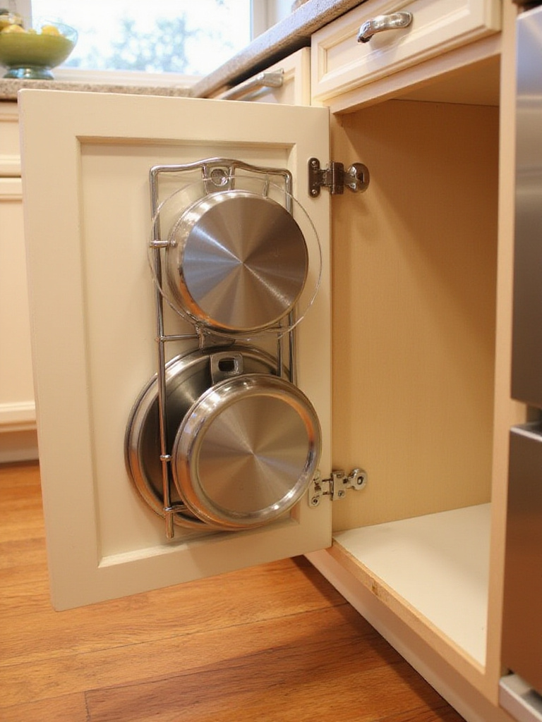 Pot lids neatly organized on a door-mounted holder inside a kitchen cabinet.