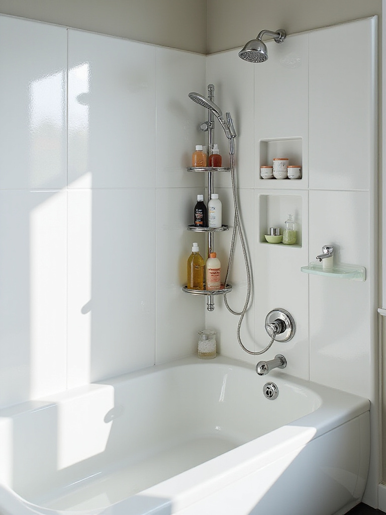 An organized modern shower and bathtub area featuring a tension pole caddy, corner shelves, and wall-mounted dispensers, showcasing clever storage solutions for taming shower clutter.