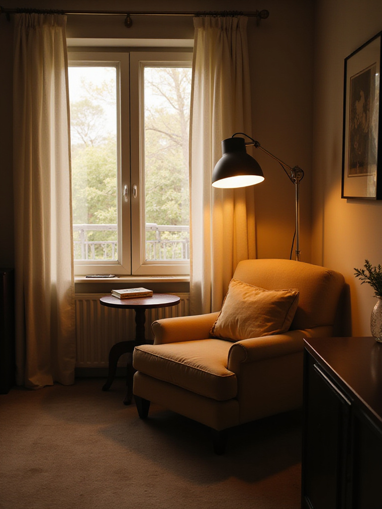 Bedroom reading nook with adjustable floor lamp and workspace with modern desk lamp.