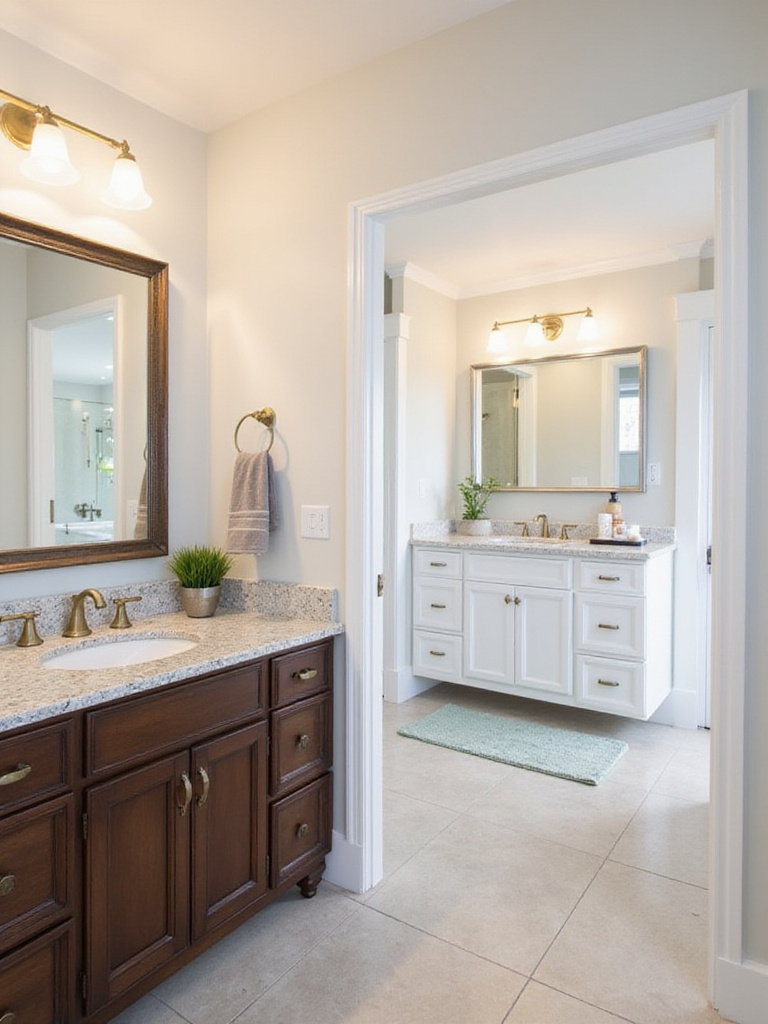 Traditional and contemporary vanity light bars illuminating separate bathroom vanities.
