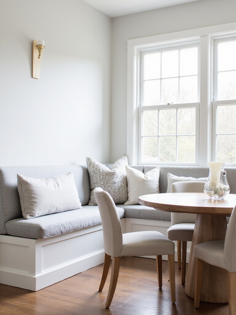 Dining room featuring a corner banquette and round wooden table.