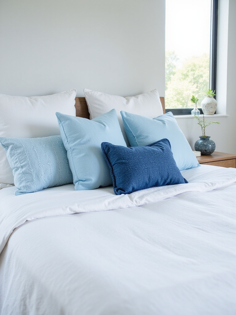 Blue throw pillows in various shades and textures arranged on a white linen bed.