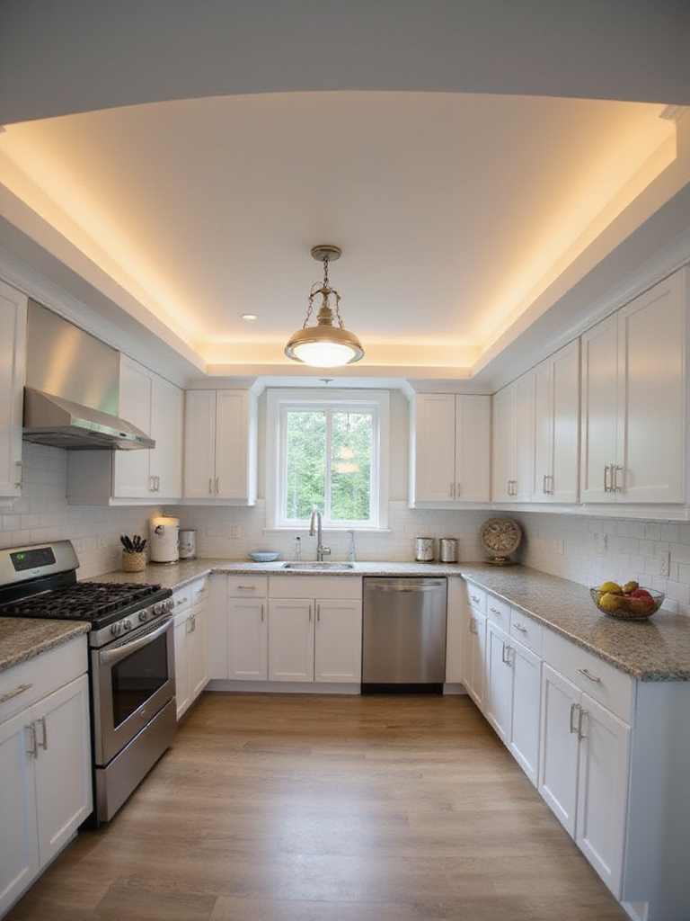 Bright and modern kitchen with layered lighting, including recessed lights, under-cabinet LEDs, and pendant lights.