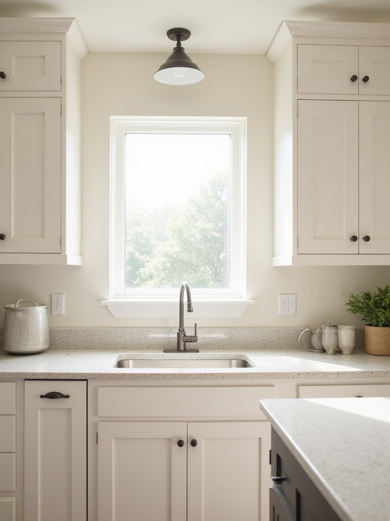 Bright kitchen with creamy white walls and light granite countertops.