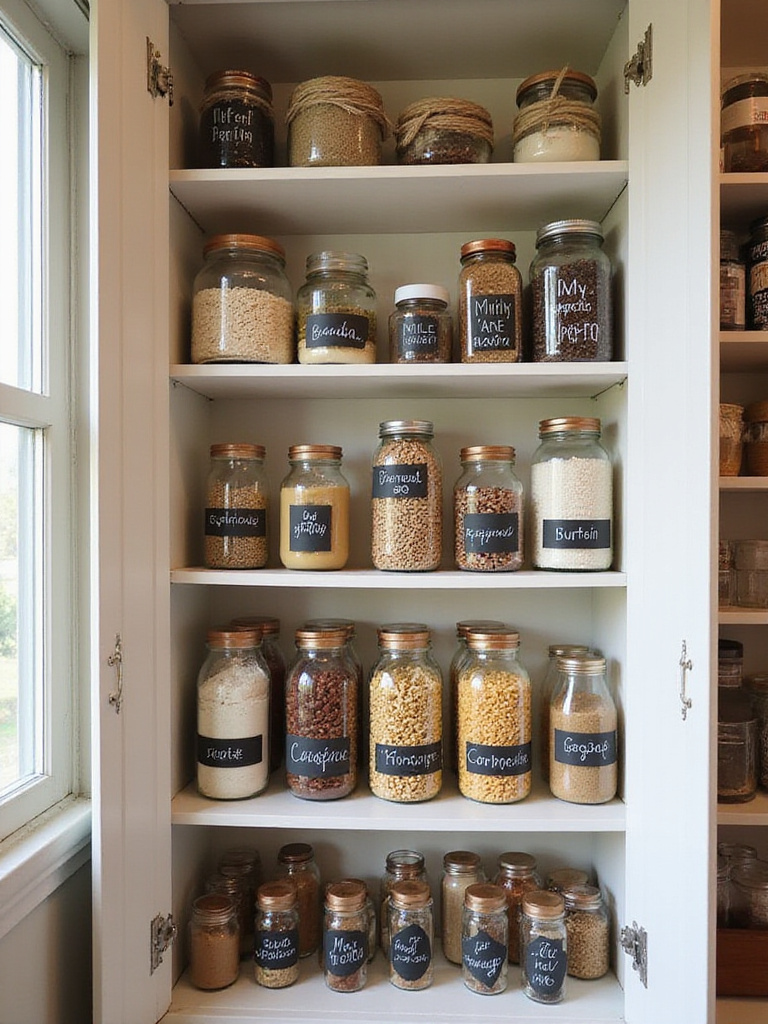 Repurposed glass jars and containers used for organized kitchen pantry storage.