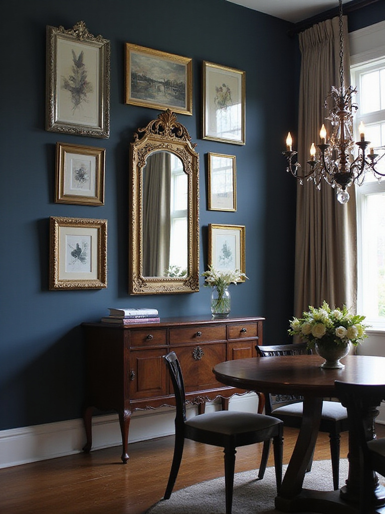 Dining room with blue art gallery wall and gold framed mirror