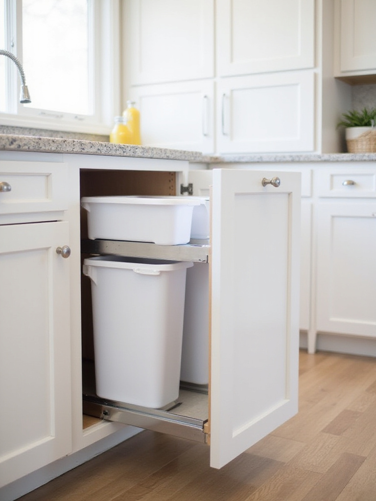 Pull-out trash and recycling cabinet system in a modern kitchen