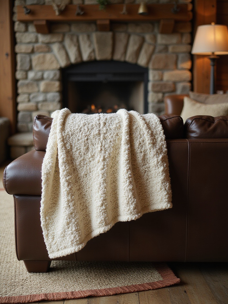 Chunky knit throw blanket draped over leather sofa in rustic living room