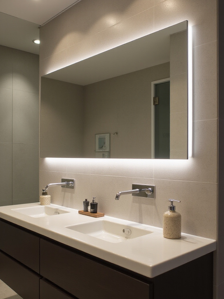 Modern bathroom with LED light bar above mirror providing even illumination.