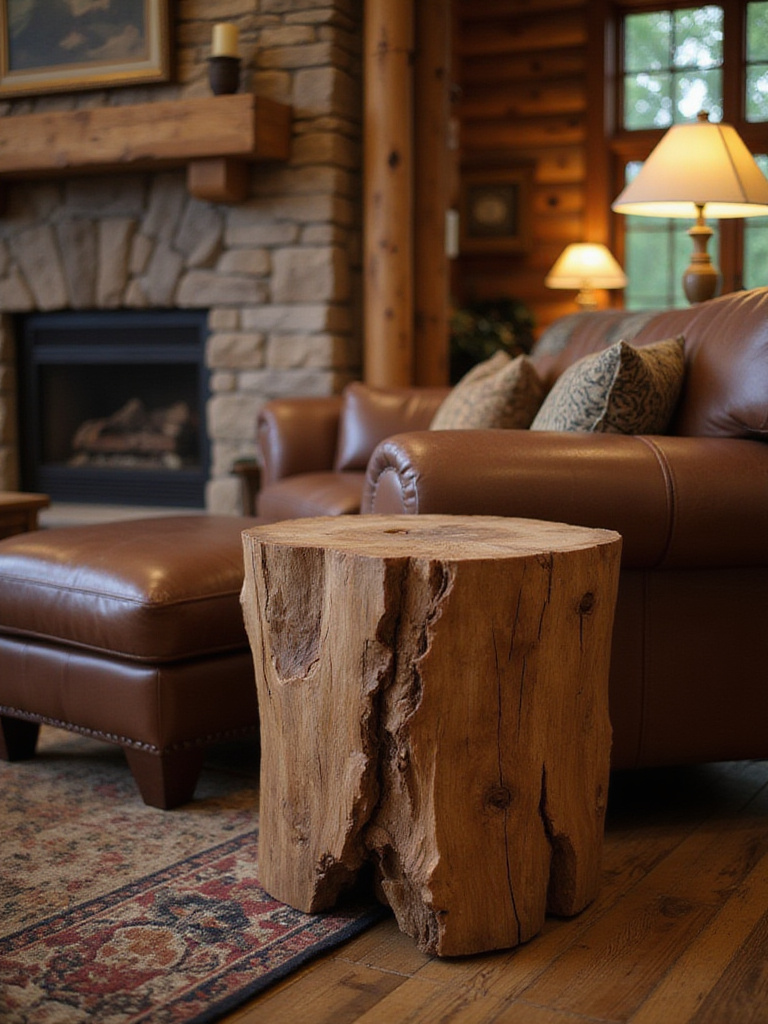 Rustic living room with log slice side table and leather armchair