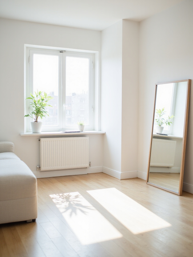 Minimalist living room with large frameless mirror reflecting natural light and creating spaciousness