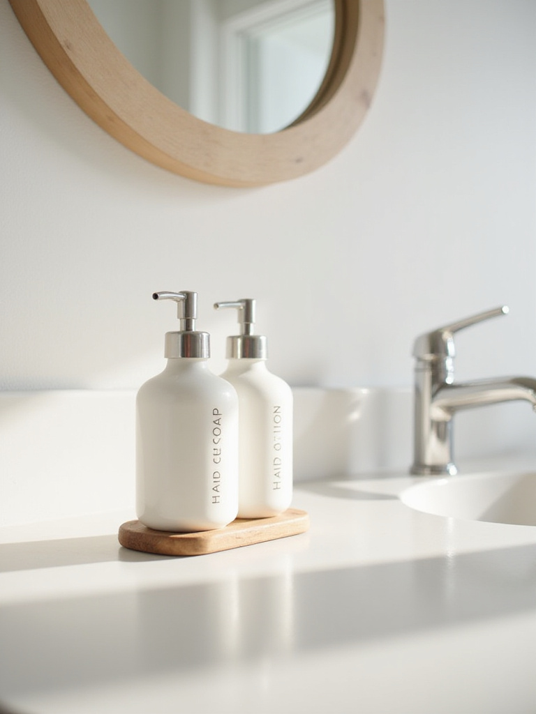 Matching ceramic soap and lotion dispensers on a tray in a minimalist bathroom.