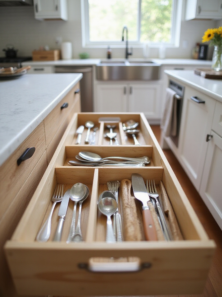 Organized utensil drawer with bamboo insert holding silverware and cooking tools.