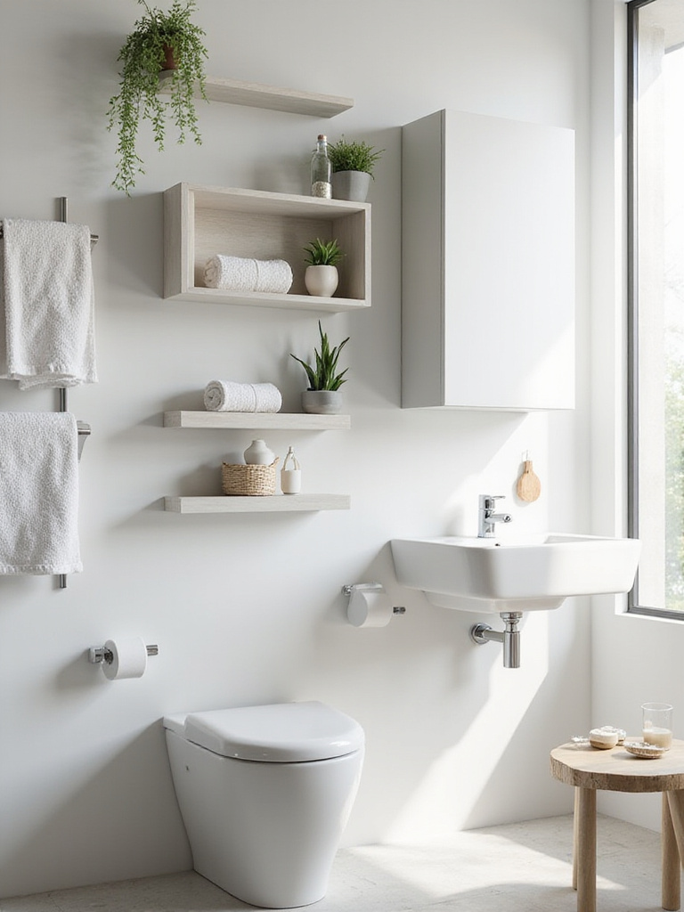 Modern bathroom featuring various wall-mounted storage solutions including floating shelves, a cabinet, and a towel rack, showcasing organized vertical space.