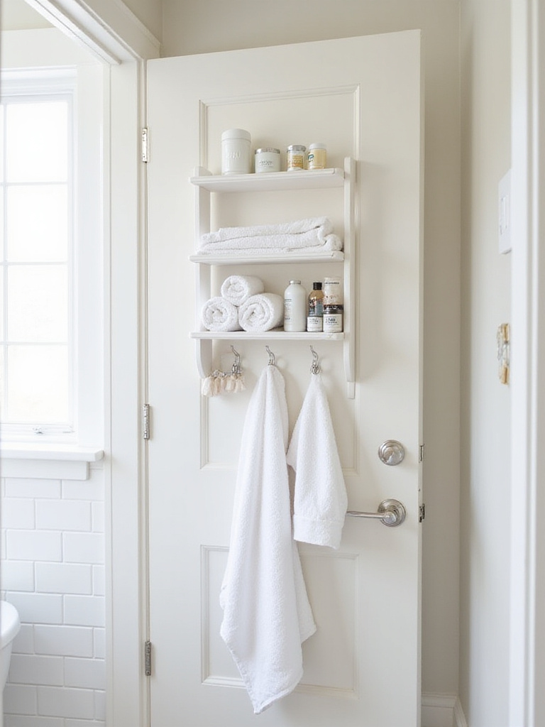 Back of a white bathroom door organized with an over-the-door shelf unit holding towels and toiletries, and hooks holding a bathrobe and hand towel.