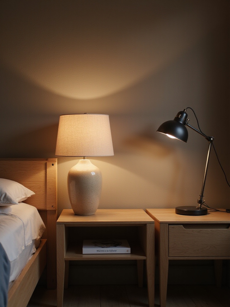 Bedroom with symmetrical bedside tables and table lamps providing warm, ambient light.