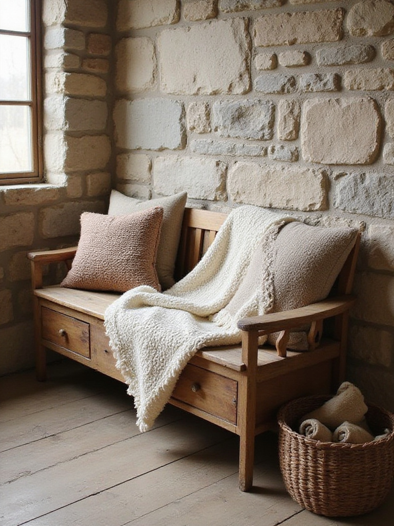 Rustic living room with weathered wooden bench, knitted throw, and earth-toned pillows against a stone wall.