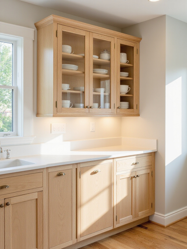 Modern kitchen with light wood wall cabinets and under-cabinet lighting
