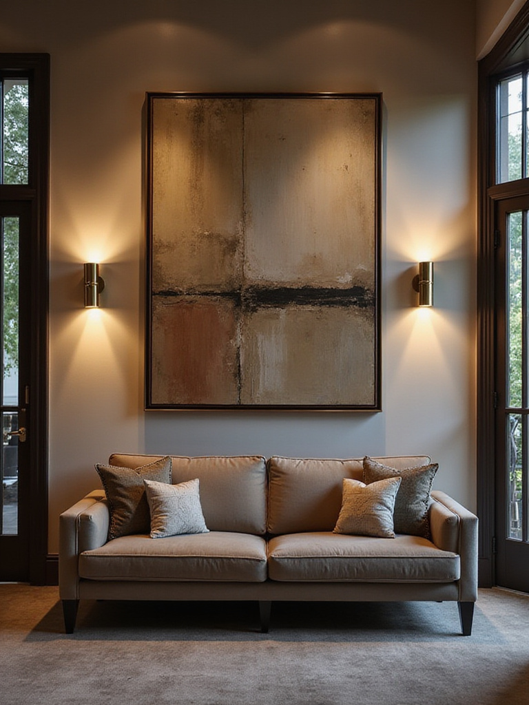 Living room with wall sconces flanking artwork above sofa.