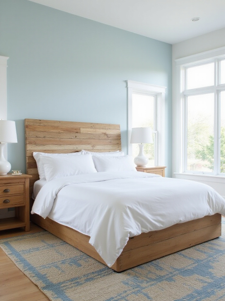Blue bedroom with natural wood headboard and nightstands