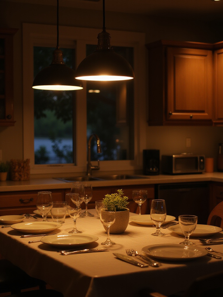 Kitchen table illuminated by warm white LED pendant lights, creating a cozy and inviting dining atmosphere.