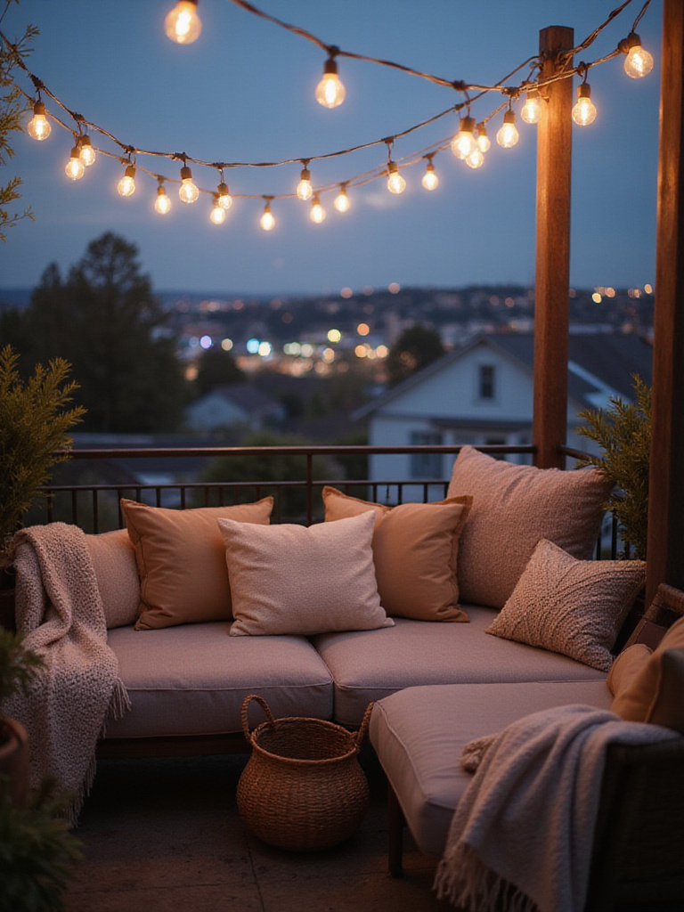 Cozy balcony with blankets draped over furniture for chilly evenings