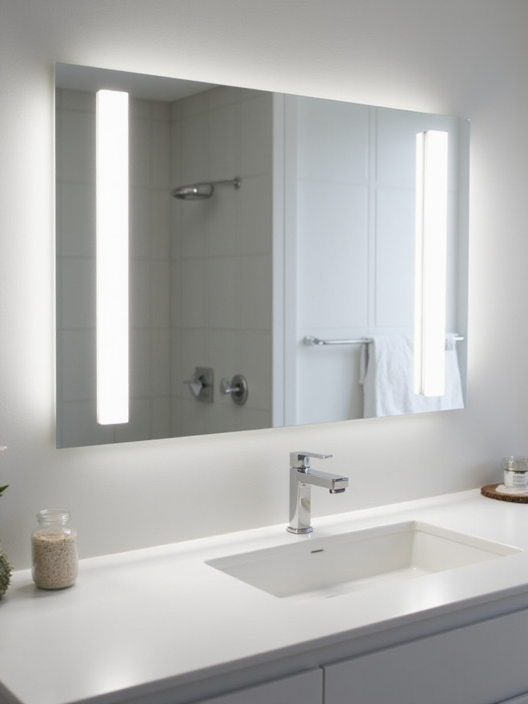 Bathroom vanity with LED side sconces providing bright, even lighting for makeup application.