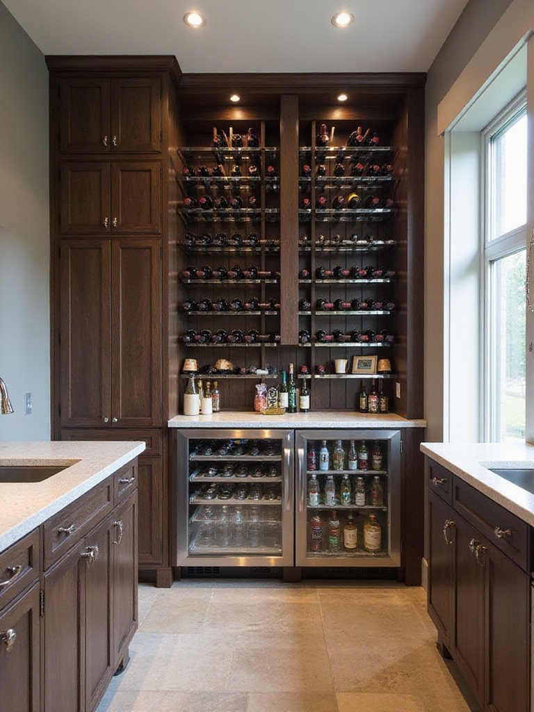 Modern kitchen with built-in wine rack and stainless steel beverage center