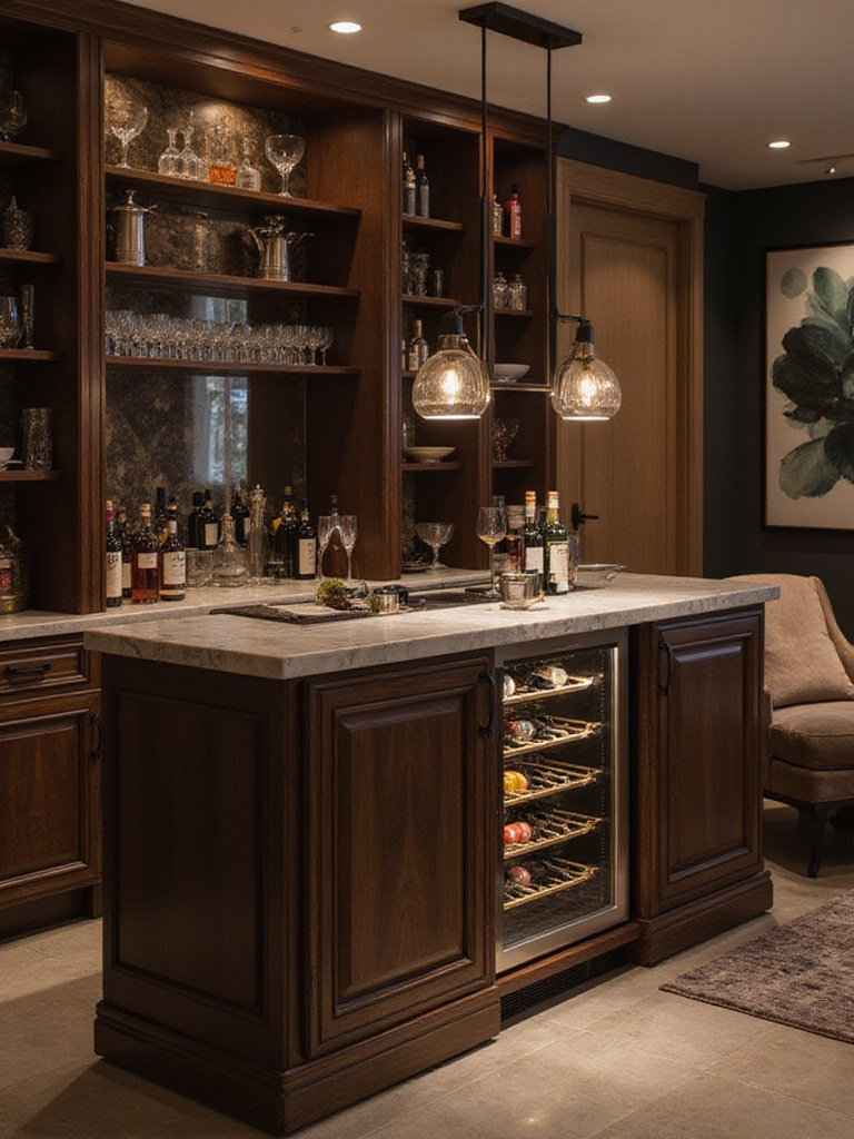 Luxurious living room with an integrated bar area featuring dark wood, marble countertop, and wine fridge.